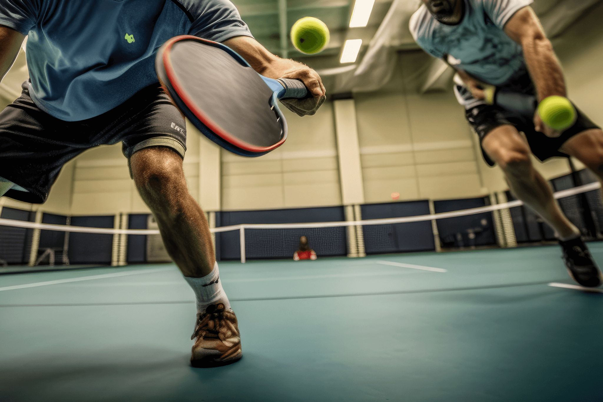 Intense pickleball match captured from a low-angle perspective