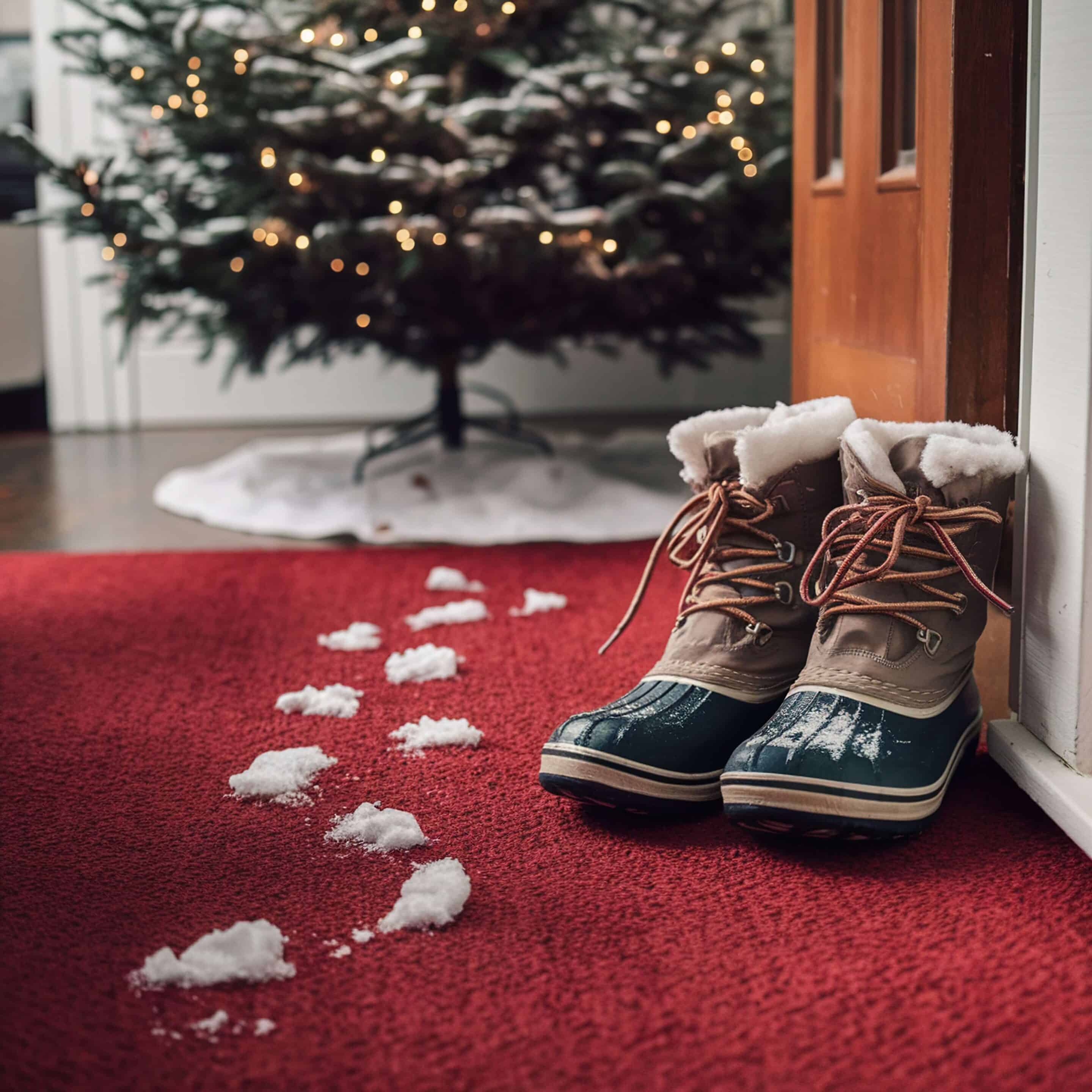 winter boots on a red carpet with snow